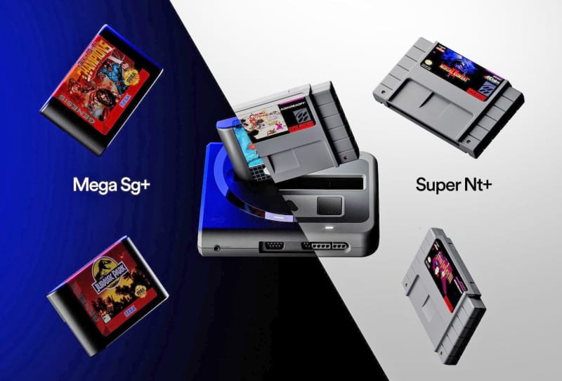 Analogue Super Nt Plus retro console shown beside a wireless controller and SNES cartridges
