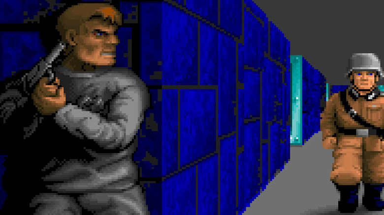 BJ Blaskowicz elbújik egy közeledő német katona elől a Wolfenstein 3D-ben