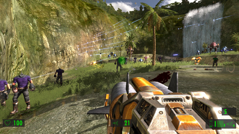 Serious Sam Stone futurisztikus fegyverrel célozza meg ellenségeit a Serious Sam: The First Encounterben