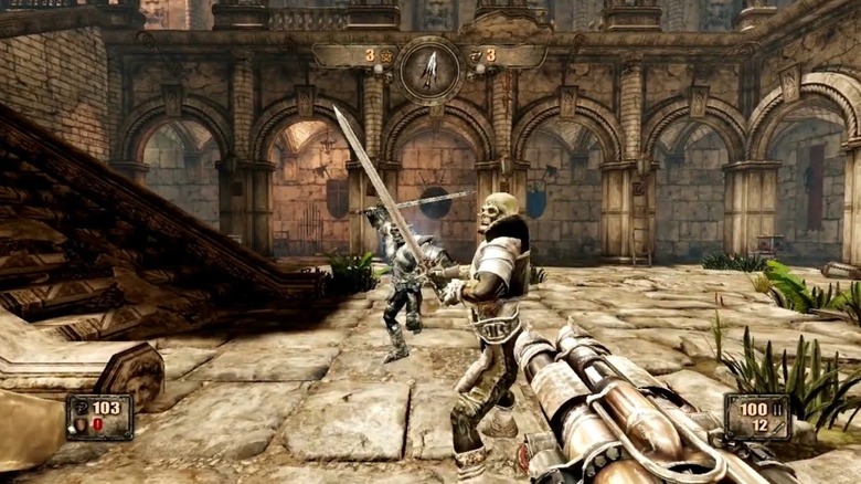 A játékos csontvázra lő a Painkiller: Hell & Damnationben