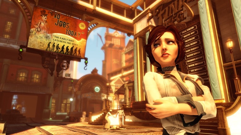 Elizabeth a BioShock Infinite óriásplakátja előtt áll