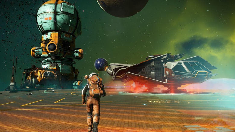 Egy No Man's Sky játékos egy űrhajóhoz fut