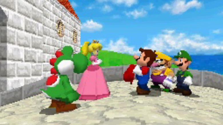 Yoshi, Wario és Luigi nézi, ahogy Peach és Mario beszél a Super Mario 64 DS-ben