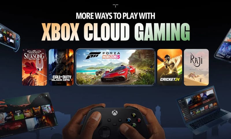 Az Xbox Cloud Gaming előre fizetett streaming csomagokat ad mindenkinek 2 Xbox-vezérlő egy játékot streamelő képernyő mellett, amely az Xbox Cloud Gaming előre fizetett előfizetéseit képviseli