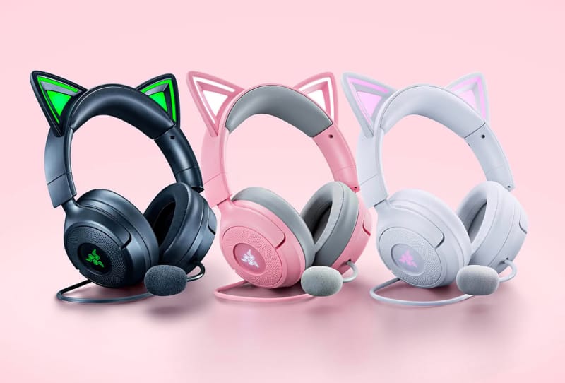 Razer Kraken Kitty V3 headset showing glowing Chroma RGB kitty ears and earcups