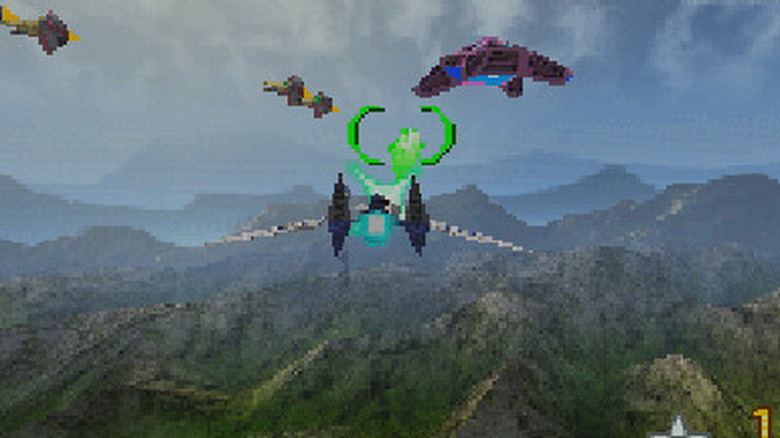 Egy Arwing közeledik az ellenséges hajókhoz a Star Fox Commandban