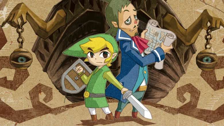Link és Linebeck egymás mellett állnak a The Legend of Zelda: Phantom Hourglass borítóján.
