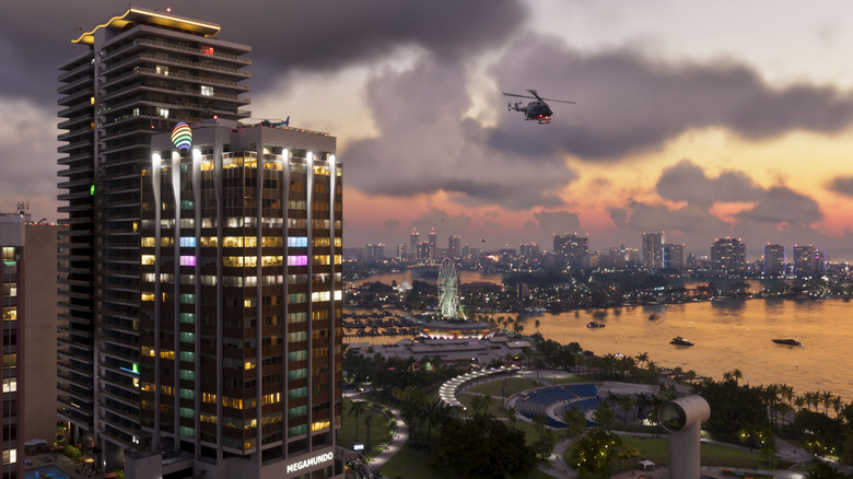 Helikopter repül a Vice City látképe fölött a Grand Theft Auto 6-ban
