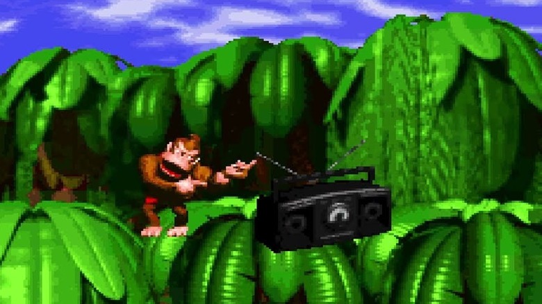 Donkey Kong egy boomboxot hallgat a Donkey Kong Country-ban