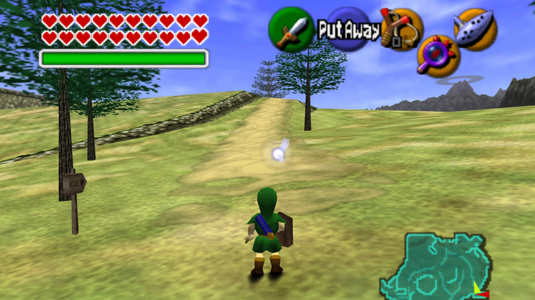 Link belép a Hyrule Fieldbe a The Legend of Zelda: Ocarina of Time (1998) című filmben
