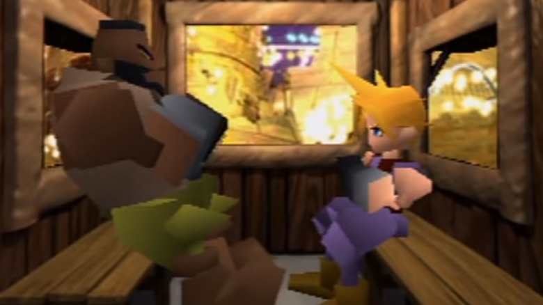 Barrett és Cloud Strife együtt ülnek egy vasúti kocsiban a Final Fantasy VII-ben