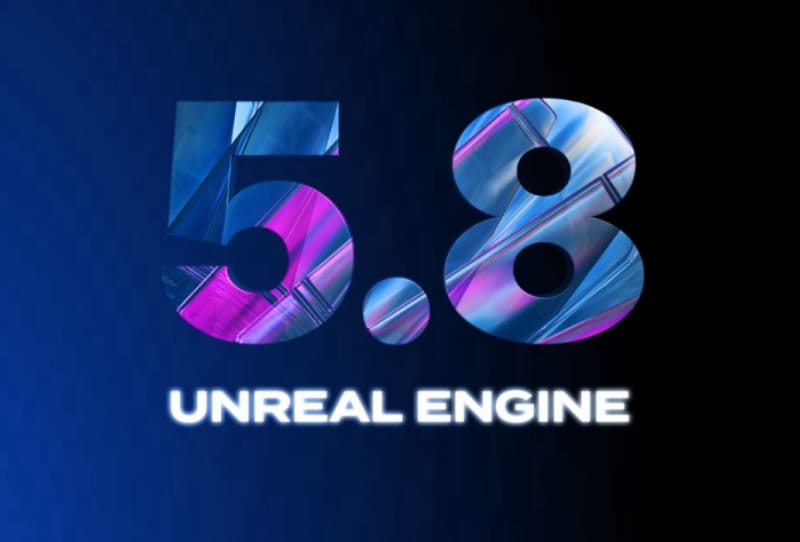 Unreal Engine 5.8 logo over a game scene illustrating shader compilation stuttering fixes