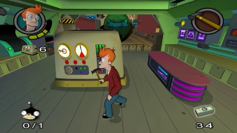 Philip J. Fry kalapácsot tartva sétál Futuramában