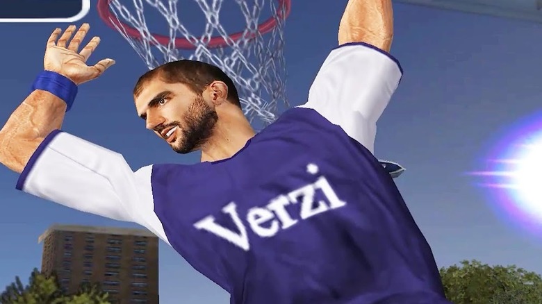 Egy játékos karakter lóg a karikáról az NBA Ballersben