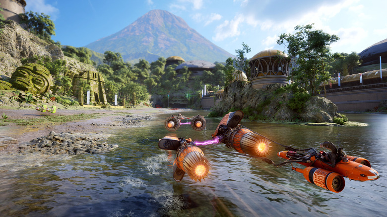 A Star Wars: Galactic Racer két versenyzője Pod Racerekkel versenyzik egy vizes pályán
