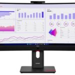 Lenovo ThinkVision T34WD-4v monitor shown with its curved ultrawide panel and adjustable stand