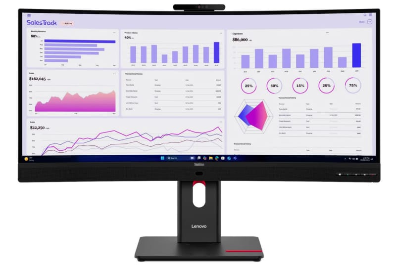 Lenovo ThinkVision T34WD-4v monitor shown with its curved ultrawide panel and adjustable stand