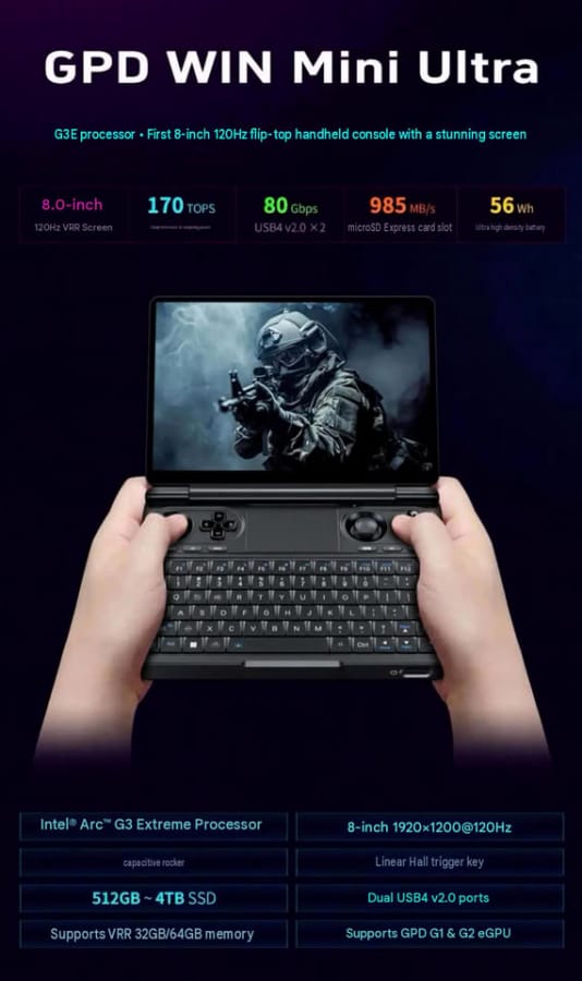 A GPD megerősíti, hogy érkezik az Intel-alapú Win Mini Ultra Handheld 2 GPD Win Mini Ultra kézi játék PC Intel Arc G3 Extreme technológiával