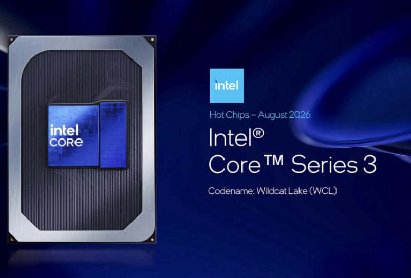 Intel Wildcat Lake chips packaging shown alongside a budget Windows laptop motherboard