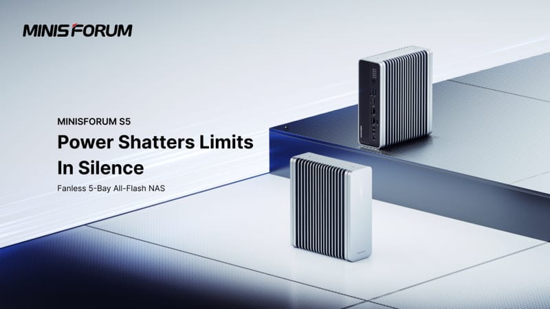 Minisforum S5 NAS ventilátor nélküli ház, NVMe meghajtórekeszekkel és hátsó USB4 és 10GbE portokkal