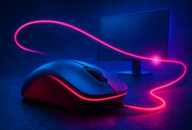 Gamer using a mouse and keyboard in front of a monitor to reduce input lag while gaming