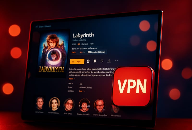 Plex media server interface displayed on a screen with a VPN connection icon overlay