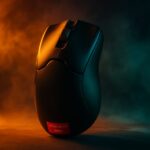Close-up of a lightweight wireless gaming mouse set up for competitive FPS play