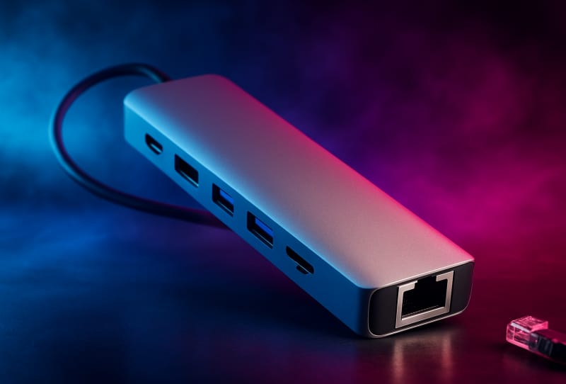 A MacBook Pro connected to a USB-C hub with multiple cables and an external monitor